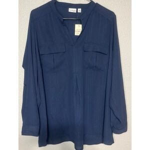 NWT Women's Kim Rogers Blouse Navy Blue Cuffed‎ Sleeves Career Casual 1X stylish